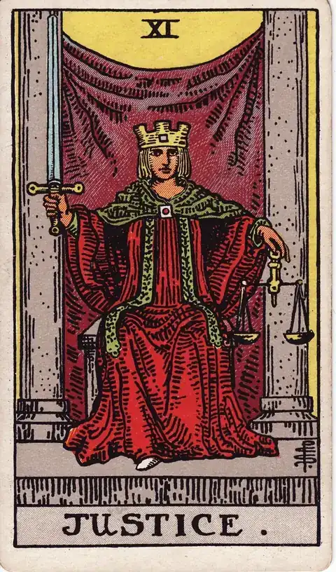 Tarotkarte Die Gerechtigkeit aus dem Rider-Waite-Tarot von 1909